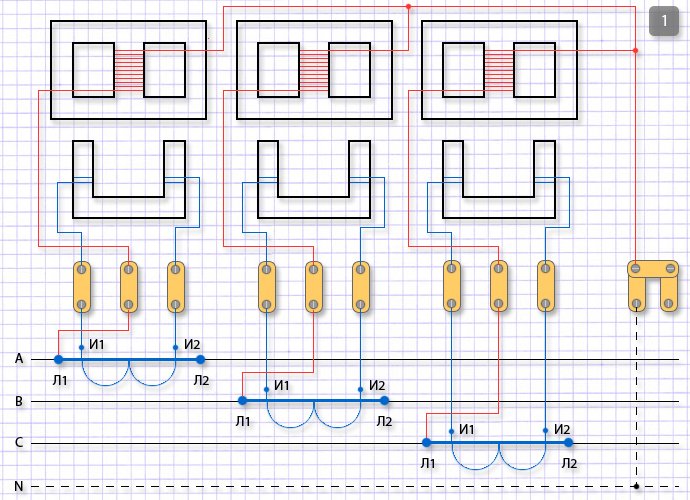 Схема трехфазного счетчика с трансформаторами